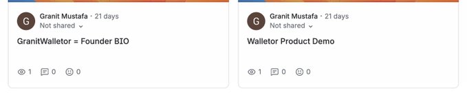 Two LinkedIn-style post previews by "Granit Mustafa" from 21 days ago, titled "GranitWalletor = Founder BIO" and "Walletor Product Demo," each with "Not shared" status and zero engagement, illustrating the lack of visibility for the founder's submissions referenced in the post about EasyResidency S4 announcing winners without reviewing applicants' work.