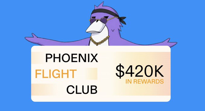 A cartoon purple pigeon wearing sunglasses and a gold chain stands behind a white banner reading "PHOENIX FLIGHT CLUB" alongside "$420K IN REWARDS," visually promoting the PhoenixTrade Flight Club campaign offering 420,000 USDC in rewards to perpetual traders.