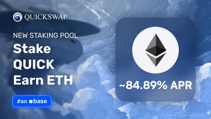 QuickSwap promotes a new staking pool on Base where users can stake QUICK to earn ETH rewards, featuring an ~84.89% APR. The image highlights the #onBase branding alongside the Ethereum logo to emphasize the ETH yield incentive.