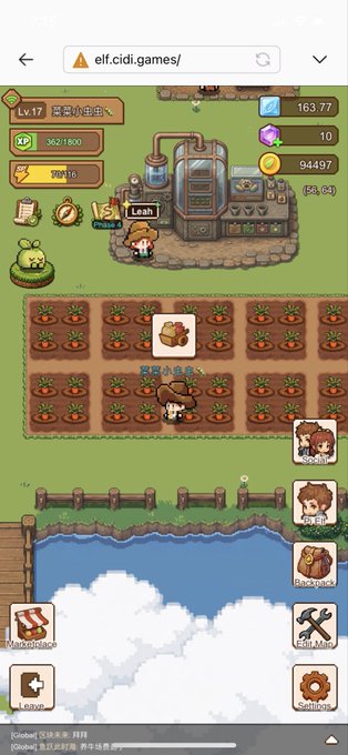 A pixel art farming/crafting game screenshot showing a character tending crops, with UI elements indicating 'Lv.17', 'XP 362/1600', currency values, and game controls like 'Learn' and 'Settings'.