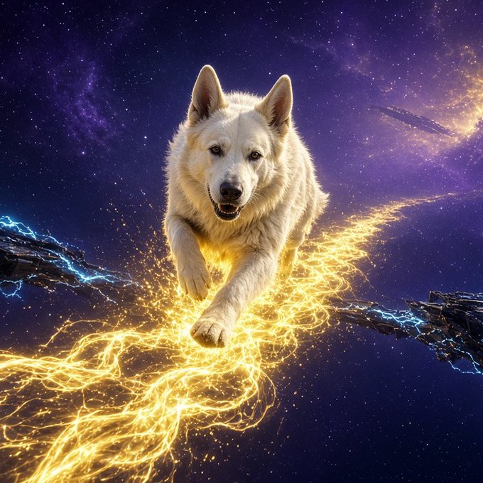 A dramatic digital artwork of a white wolf or dog leaping forward with golden, crackling energy trailing beneath its paws against a purple, starry cosmic background.