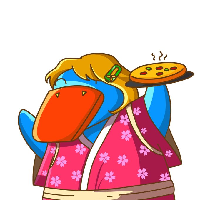 A cartoon illustration of a blue, bird-like character with a large orange beak, wearing a blonde wig, a green gem hairclip, and a pink floral robe, holding a plate of steaming pizza.