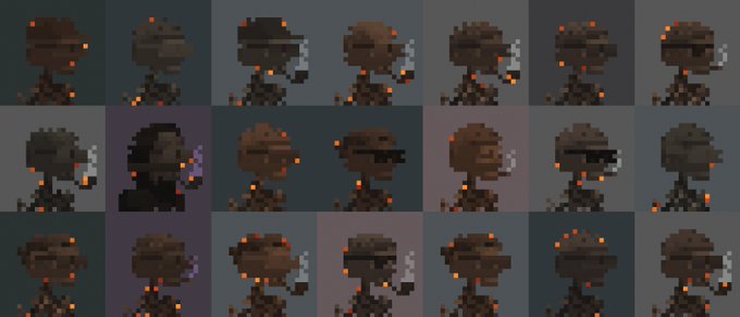 A pixel art sprite sheet featuring multiple variations of a dark, shadowy character figure with glowing orange eyes and small flame-like accents, arranged in a grid pattern.