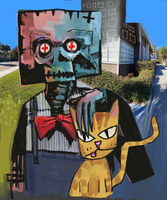 A digital illustration of a skeletal figure with a box-shaped skull, red cross-button eyes, and a red bow tie holding an orange tabby cat with a pink nose, displayed against a sunlit suburban backdrop. The artwork serves as a whimsical promo piece for a single-edition NFT mint ("EARLY SUMMER CATWALK," 1/1, minted 06.11.25), with the "good boy" cat mirroring the caption's playful tone.