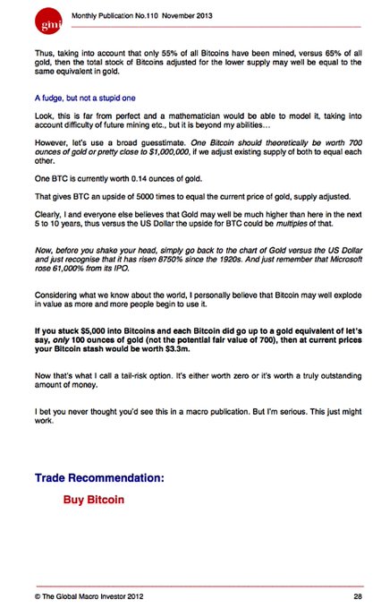 This image is a page from "The Global Macro Investor 2012", Monthly Publication No.110, November 2013, titled "Trade Recommendation: Buy Bitcoin". The post's mention of Scott Bessent at a GMI Round Table in Spain likely relates to the content of this publication.