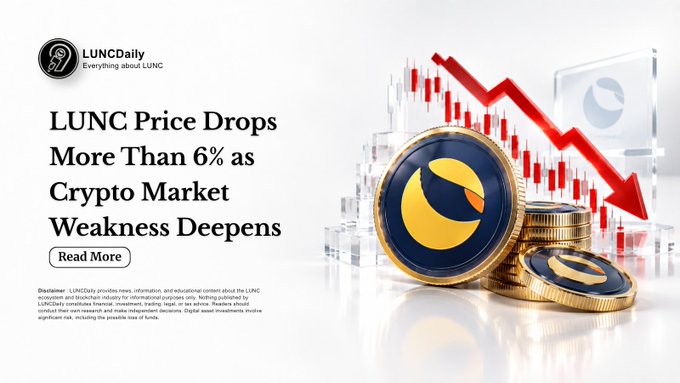 A promotional graphic from LUNCDaily with the headline 'LUNC Price Drops More Than 6% as Crypto Market Weakness Deepens,' showing Terra Luna coins with a red downward arrow over candlestick charts.