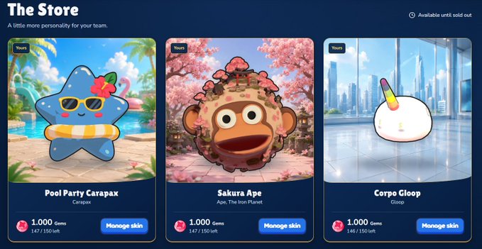 Store page titled 'The Store' showing three collectible character skins available for 1,000 Gems: 'Pool Party Carapax', 'Sakura Ape', and 'Corpo Gloop'.