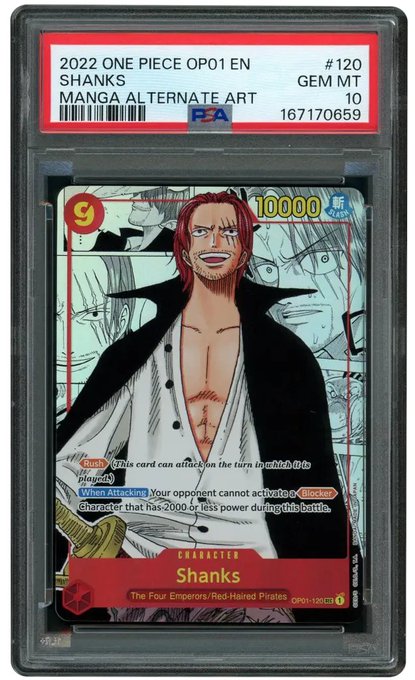 A PSA-graded One Piece trading card featuring the character Shanks, labeled '2022 ONE PIECE OP01 EN #120 SHANKS MANGA ALTERNATE ART GEM MT 10' with card number 167170659.