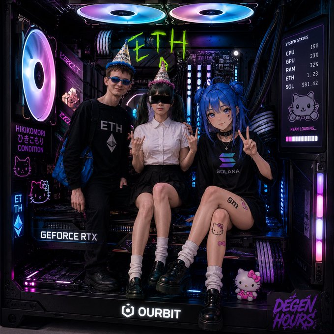 Three people in anime/cyberpunk-themed attire sit inside a PC tower setup displaying 'ETH', 'SOLANA', 'GEFORCE RTX', 'OURBIT', 'DEGEN HOURS', and 'NYAN LOADING...' on its panels, wearing party hats and making peace signs.