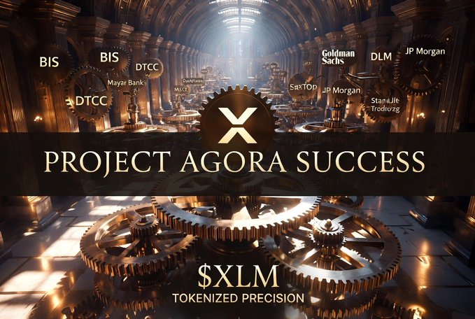 The image features a large clock with gears inside, surrounded by gold and black text that reads "Project Agora Success" and "$XLM", which suggests that the project has been successful or is about to be successful. The background of the image includes logos for various banks such as BIS, DTC, and M&C Saigon Bank, indicating their involvement in the project. Additionally, there are logos for other financial institutions like Goldman Sachs and Morgan Stanley, further emphasizing the connection between the clock's gears and the project's success.