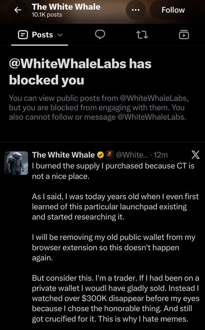 A social media screenshot showing a blocked notice from @WhiteWhaleLabs, with a post stating 'I burned the supply I purchased because CT is not a nice place' and detailing losses over a launchpad.