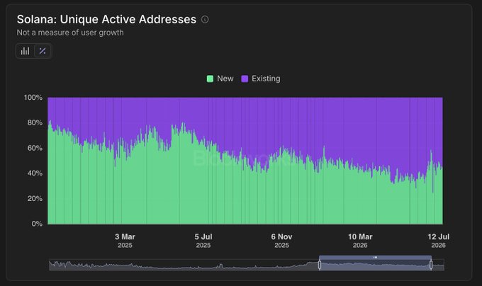 A chart titled 'Solana: Unique Active Addresses' displaying the percentage of new versus existing addresses over time from March 2025 to July 2026.