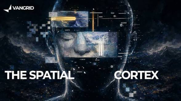 A dark promotional image featuring a stylized human face overlaid with futuristic HUD elements and data points, labeled "VANGRID" and "THE SPATIAL CORTEX."