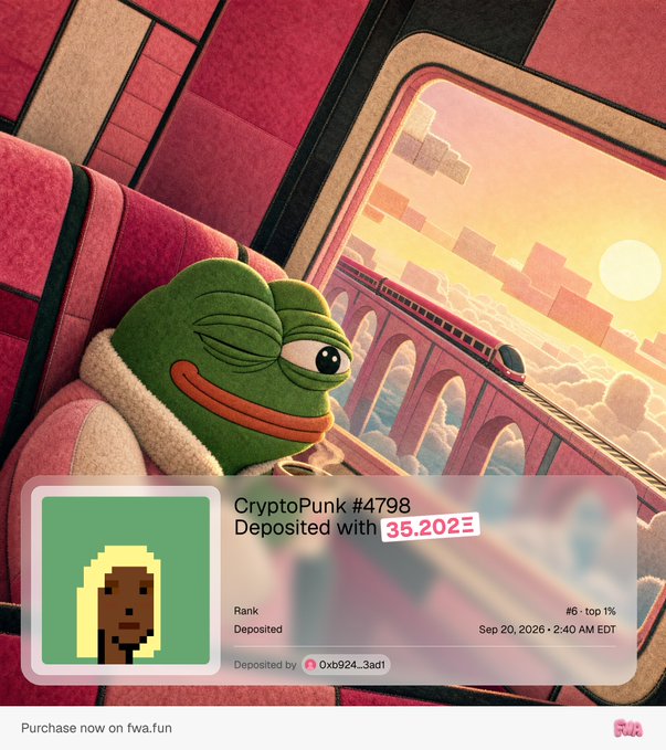 An illustration of Pepe the Frog riding a train, featuring a CryptoPunk #4798 NFT card deposited with 35.202 Ξ (ETH), ranked in the top 1%, with text "Purchase now on fwa.fun".