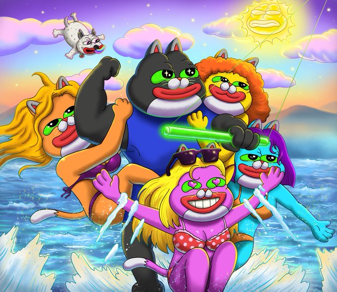 A vibrant digital illustration shows a group of cartoon cats with exaggerated features posing together in ocean waves under a sunny sky, with one cat wielding a green laser beam. The colorful, meme-style artwork aligns with the accompanying $PEPECAT cryptocurrency promotion, representing the fun, playful spirit of the NFT project.