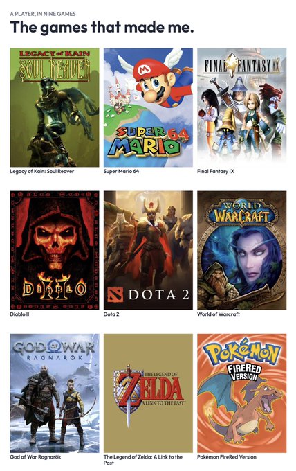 An article header titled 'A PLAYER, IN NINE GAMES: The games that made me,' displaying covers for Legacy of Kain: Soul Reaver, Super Mario 64, Final Fantasy IX, Diablo II, Dota 2, World of Warcraft, God of War Ragnarok, The Legend of Zelda: A Link to the Past, and Pokémon FireRed Version.
