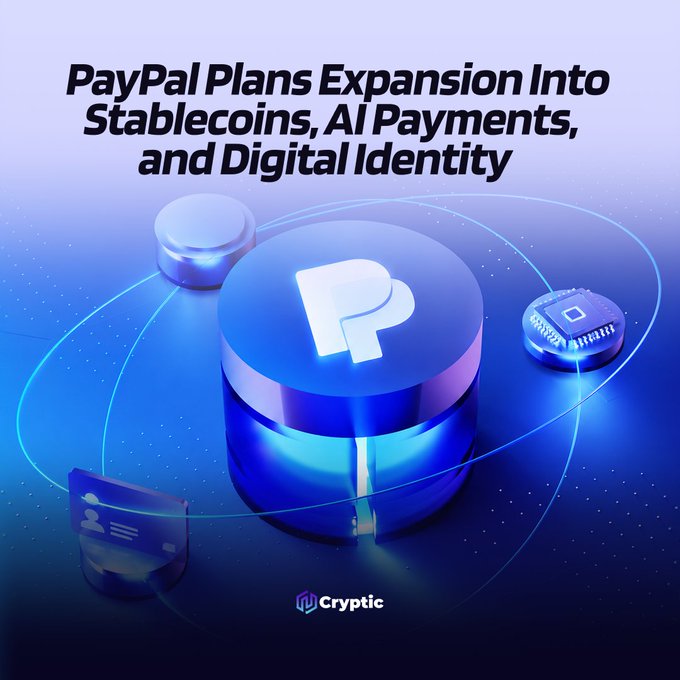 A stylized 3D graphic displays the PayPal logo on a blue cylindrical pillar, surrounded by orbiting rings and digital icons including a microchip and an identity card, with the headline "PayPal Plans Expansion Into Stablecoins, AI Payments, and Digital Identity" and the "Cryptic" branding at the bottom, visually representing the company's announcement to expand into stablecoins, agentic payments, digital identity, and biometric technologies.