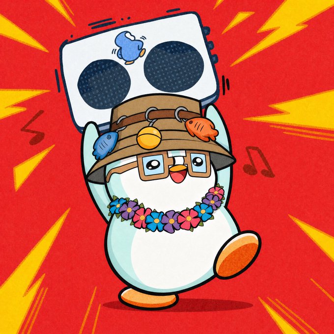 A cute penguin character wearing a flower lei, glasses, and a bucket hat decorated with colorful fish dances happily while carrying a large speaker overhead, with musical notes and bold yellow lightning bolts radiating across a red background—capturing the upbeat, energetic "GM Everyone! Happy Friday!" vibe.