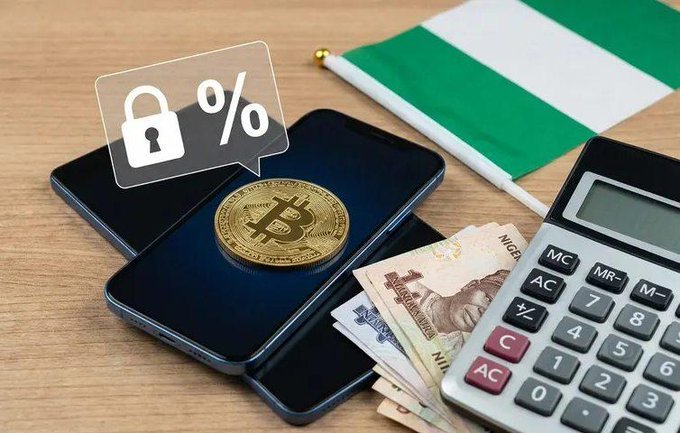 A Bitcoin coin rests on a smartphone beside Nigerian naira banknotes, a calculator, and a small Nigerian flag, with a padlock and percentage symbol overlay—visually symbolizing Nigeria's new tax withholding and remittance regulations on cryptocurrency transactions.
