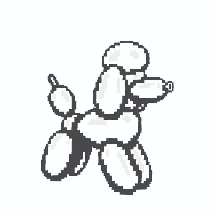 A simple black-and-white pixel art drawing of a balloon dog figure composed of interconnected balloon-like segments against a white background.