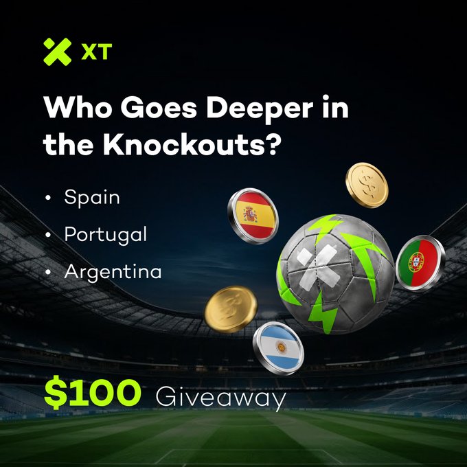 Promotional graphic for XT Exchange featuring a $100 giveaway with the question "Who Goes Deeper in the Knockouts?" and options to pick between Spain, Portugal, and Argentina, accompanied by 3D-rendered footballs displaying each country's flag alongside a football with the XT Exchange logo in a stadium setting.
