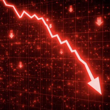 A red digital graphic depicting a sharply downward-trending line chart with arrows pointing down, suggesting a market crash or decline.