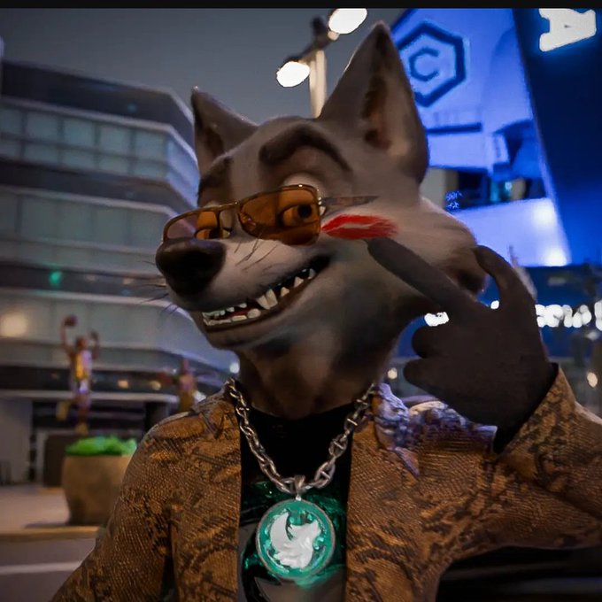 An anthropomorphic wolf character wearing orange-tinted sunglasses, a gold chain with a glowing wolf medallion, and a patterned brown jacket flashes a peace sign in a modern urban plaza setting. The character's branding ties directly into the post's message, representing the "PACK" of @wolfswapdotapp as a symbol of consistent, trend-following community strength.