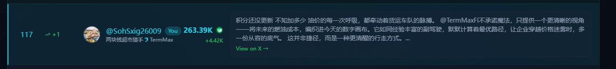 A screenshot of a social media post by user '@SohSxg26009' with 263.39K followers, mentioning 'TermMax' and containing Chinese text about fuel costs and freight truck convoys, ending with a 'View on X' link.