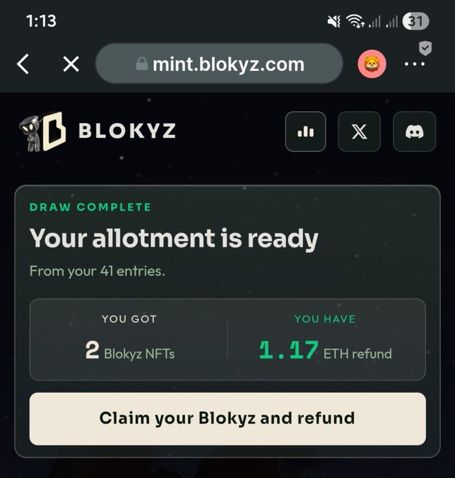 A mobile browser screenshot from mint.blokyz.com showing "Your allotment is ready" with 2 Blokyz NFTs and a 1.17 ETH refund.