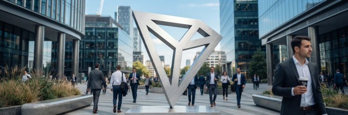 a large silver geometric sculpture in a city plaza with people walking by modern glass buildings