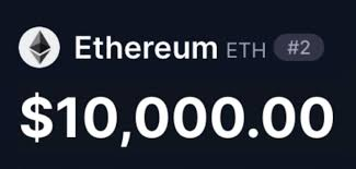 The image displays a cryptocurrency price ticker for Ethereum (ETH), ranked #2, with a bold value of $10,000.00 displayed prominently. The "$ETH" reference and "Make it happen" caption align with the image as a visual goal or prediction for Ethereum to reach the $10,000 price milestone.