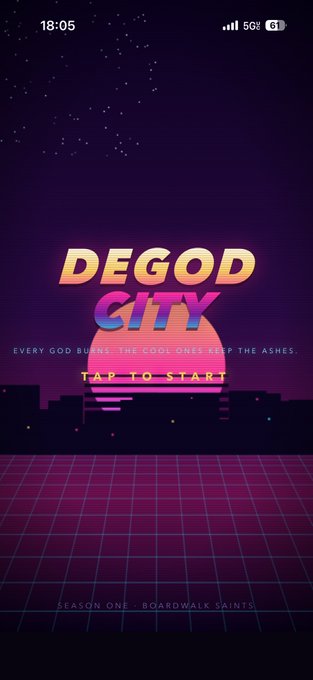 A retro-styled mobile game title screen displays 'DEGOD CITY' with the tagline 'Every god burns. The cool ones keep the ashes.' and a 'TAP TO START' button above a neon grid.