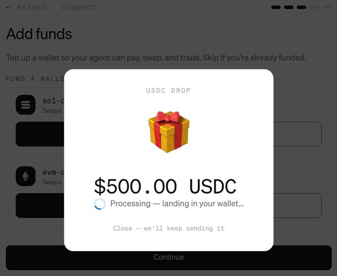 A Paybox interface shows a "USDC DROP" modal displaying $500.00 USDC being processed into the wallet, aligning with the post's announcement of free USDC from MoonPay.