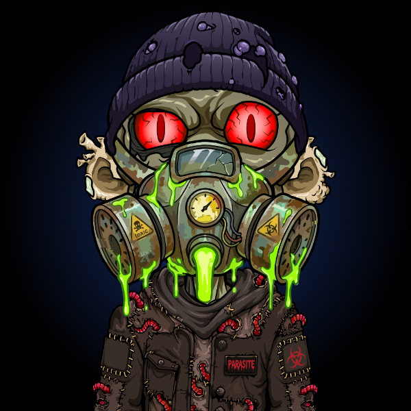 The image features a cartoon character wearing a gas mask, which has been altered with green paint and red blood stains. The character also has a patch over one eye and a skull on their head. The caption below the image reads "You wanted more art...you wanted more degen. Careful what you wish for!".