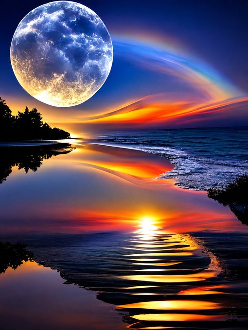 A surreal coastal scene features an oversized, detailed full moon hanging low over a twilight beach, with fiery orange and red sunset hues streaking the sky and reflecting brilliantly off the wet sand and gentle waves.

The image's tranquil yet awe-inspiring twilight atmosphere mirrors the post's theme of quiet transformation, suggesting that just as the moon's reflection can dramatically reshape the shoreline, @ShiftRWA's tokenized equities like SPCX2S are subtly reshaping financial markets by removing long-accepted friction.