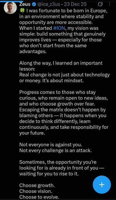 A screenshot of a tweet from user Zeus (@ice_z3us, 23 Dec 25) about mindset, progress, and personal growth, ending with 'Choose growth. Choose vision. Choose to evolve.'