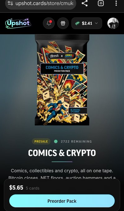 A mobile screenshot of the Upshot store showing a presale for a "COMICS & CRYPTO Prediction Pack" priced at $5.65 for 5 cards, with 2,722 remaining.