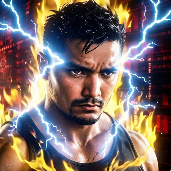 iced coffee with a silver lid, a black tank top, and a yellow flame on the side create an urban setting for a man's face.