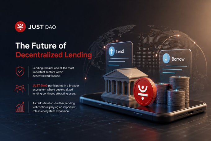 The image is a promotional graphic for "JUST DAO," featuring the tagline "The Future of Decentralized Lending," with a 3D illustration of a smartphone displaying a classical bank building, stacked coins, and "Lend" and "Borrow" interface buttons that visually reinforce the post's message about decentralized finance and lending services.