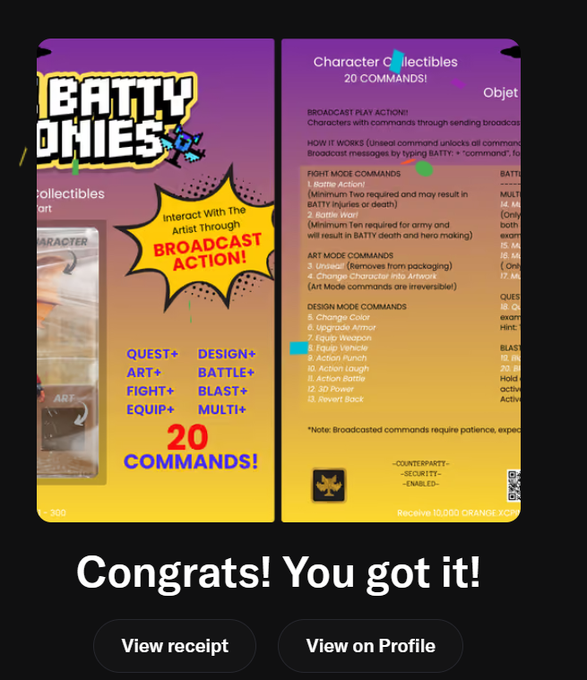 A mobile screen displays a 'BATTY ONIES' collectible card pack with '20 COMMANDS!' and various action commands listed, captioned 'Congrats! You got it!'