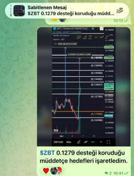 A Telegram post by "Sabitlenen Mesaj" announces "$ZBT 0.1270 desteği koruduğu müddetçe hedefleri işaretledim" alongside a candlestick chart of the SZBT/USDT trading pair. The chart highlights the 0.12700 support level, aligning with the caption's note about maintaining support and targeting new levels for the altcoin.