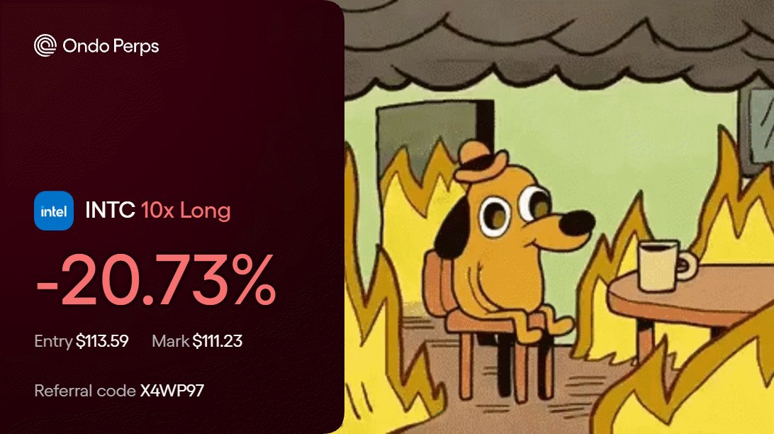 The image features an animated cartoon dog sitting at a table with a cup of coffee. The background is filled with smoke and flames, creating a dramatic scene. In the foreground, there is a text-based message posted on social media that includes details about a website called "Intec 10x long" and mentions other websites like "@OndoPerps @OndoFinance". It appears to be an advertisement or promotion for an online financial service related to the initial text.