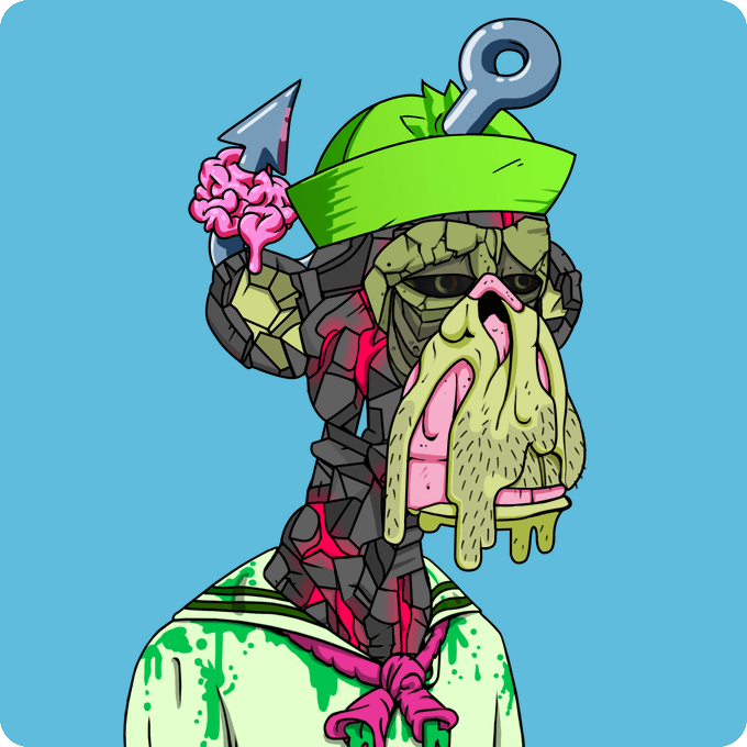 A cartoon illustration of a zombie-like monkey with exposed brain, a wind-up key on its head, and a green leaf hat, with a detached face hanging from its mouth, set against a blue background.