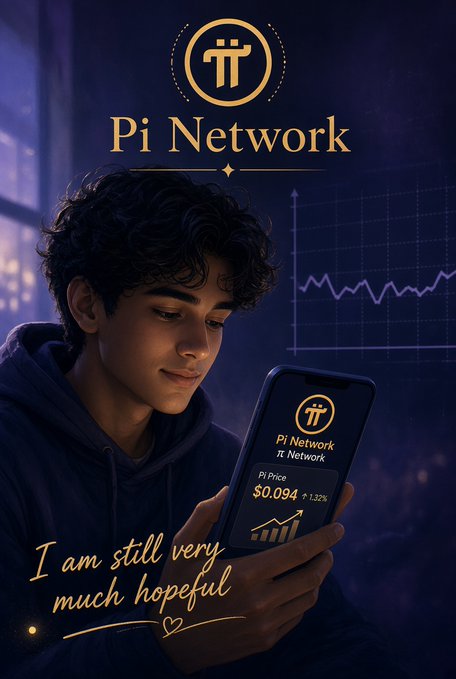 A promotional image for "Pi Network" featuring a young man looking at his phone showing "Pi Price $0.094" and the text "I am still very much hopeful".