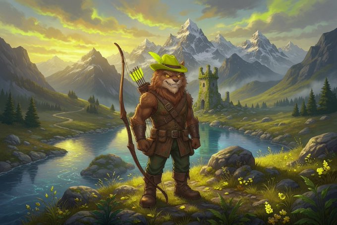 Fantasy illustration of an anthropomorphic lion archer in a green hat and leather armor, standing in a mountain landscape with a bow and quiver.