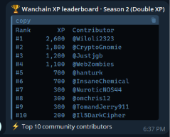 A Wanchain XP leaderboard for Season 2 (Double XP) listing the top 10 community contributors, with @Ticlotao in first place with 2,600 XP and a total of 637 PM displayed.