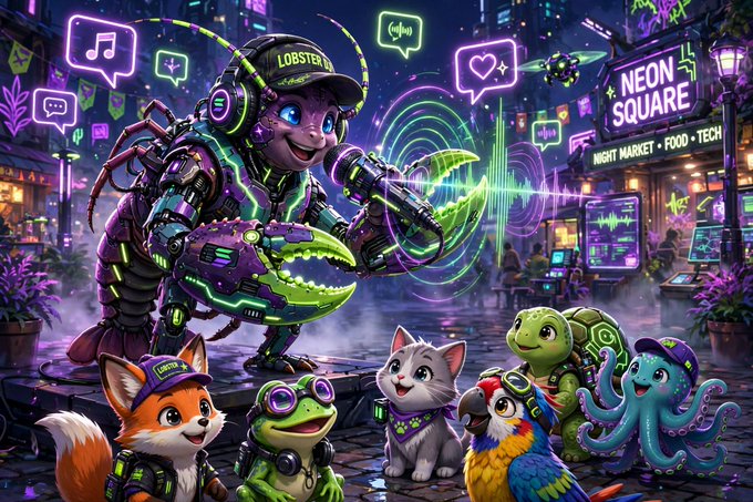 A vibrant neon-lit cyberpunk scene features a robotic lobster DJ labeled 'LOBSTER' performing for an audience of animal characters, with a 'NEON SQUARE' sign reading 'NIGHT MARKET • FOOD • TECH' in the background.