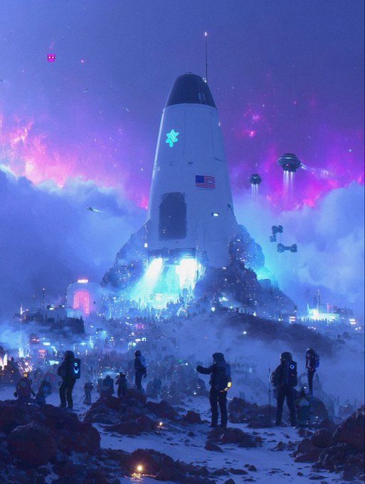 A sci-fi illustration depicting a large white rocket with an American flag emblem on an alien landscape, surrounded by crowds of people and UFOs against a vibrant purple and pink nebula sky.