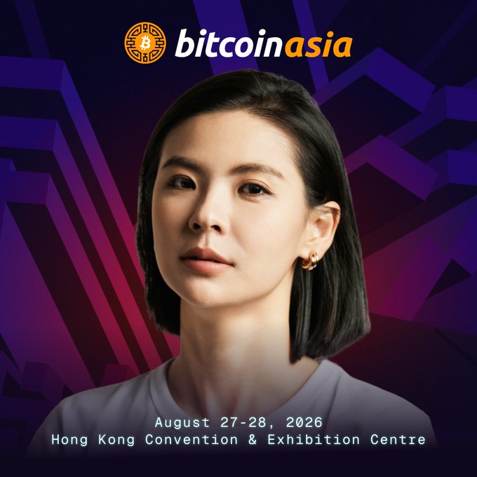 A promotional poster for Bitcoin Asia features a woman with shoulder-length black hair and small earrings against a purple geometric background, with text indicating the event takes place August 27-28, 2026 at the Hong Kong Convention & Exhibition Centre. The image aligns with the post announcing the speaker's participation at the conference, highlighting her afternoon sessions on Bitcoin, AI, tokenization, and Bitcoin as a reserve asset.
