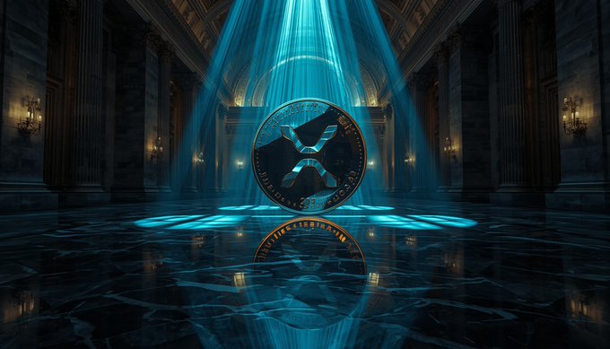 An XRP (Ripple) cryptocurrency coin floats in a grand, dimly lit hall illuminated by blue light beams streaming from above, reflecting on a polished marble floor.